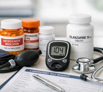 A close up view of antipsychotic medication bottles and monitoring tools on a clinician’s desk, illustrating careful medication management and side effect monitoring without any people present 