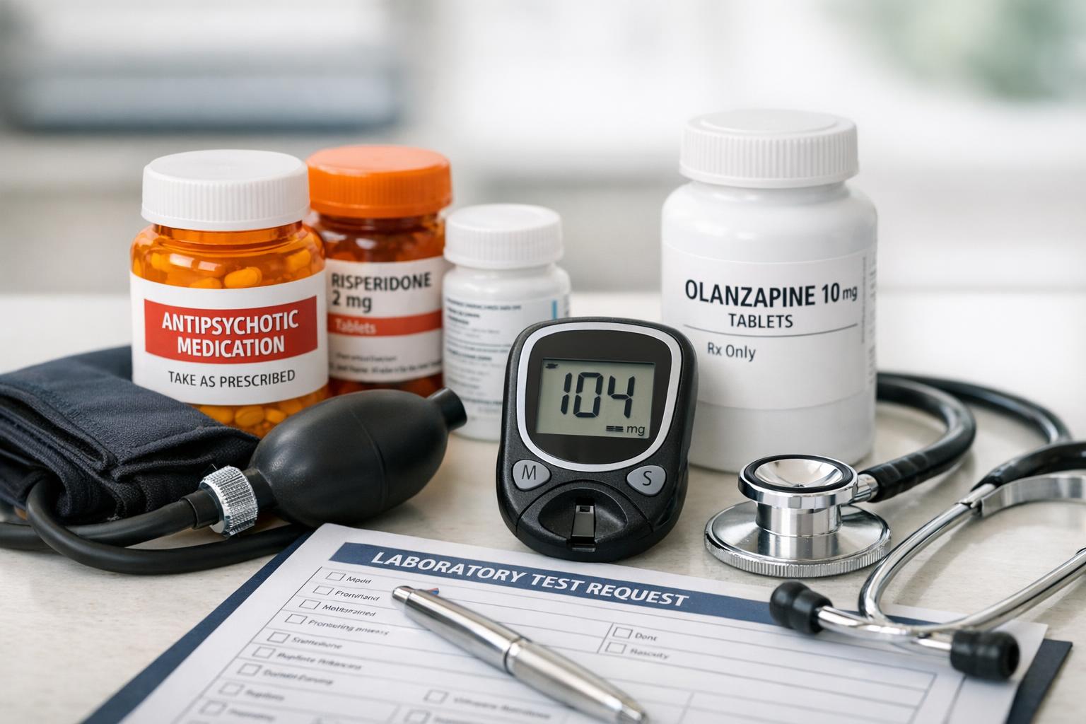 A close-up view of antipsychotic medication bottles and monitoring tools on a clinician’s desk, illustrating careful medication management and side-effect monitoring without any people present.