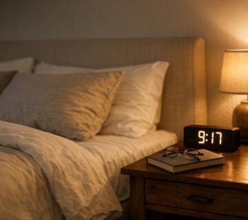 A softly lit, peaceful bedroom with a neatly made bed and a nightstand, promoting healthy sleep habits for insomnia treatment 
