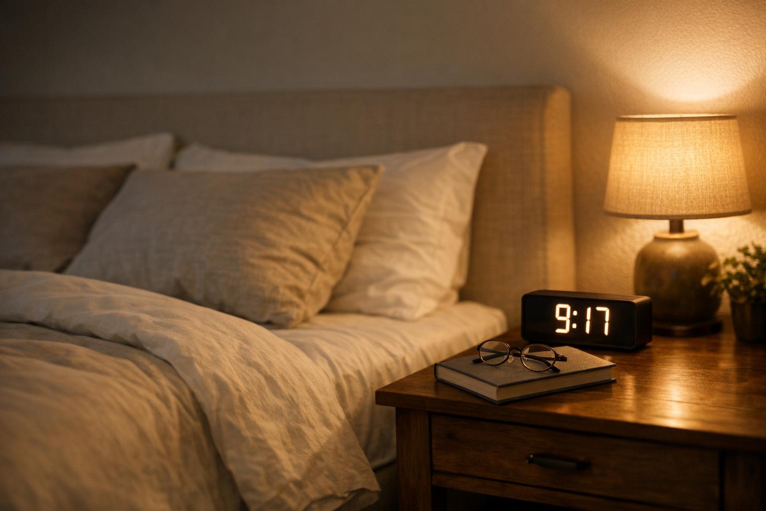 A softly lit, peaceful bedroom with a neatly made bed and a nightstand, promoting healthy sleep habits for insomnia treatment 