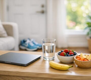A bright, inviting living room with healthy snacks, a closed laptop, a glass of water, and athletic shoes by the door, suggesting elements of a balanced teen summer routine without people present 