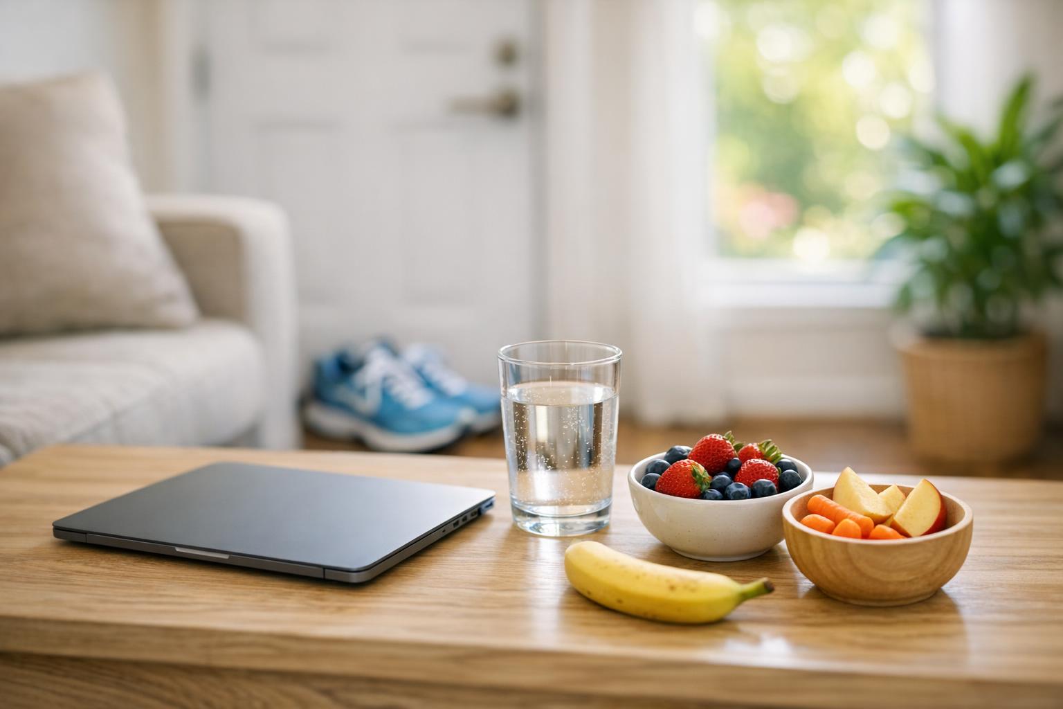 A bright, inviting living room with healthy snacks, a closed laptop, a glass of water, and athletic shoes by the door, suggesting elements of a balanced teen summer routine without people present