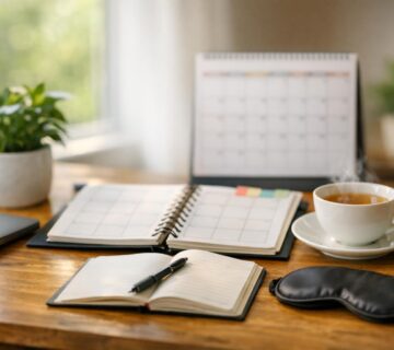 A bright, organized home office in Colorado with spring sunlight, showing a desk with work and relaxation items, symbolizing the balance between routine and spring anxiety 