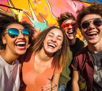 AI generated group of friends laughing and smiling in front of graffiti wall