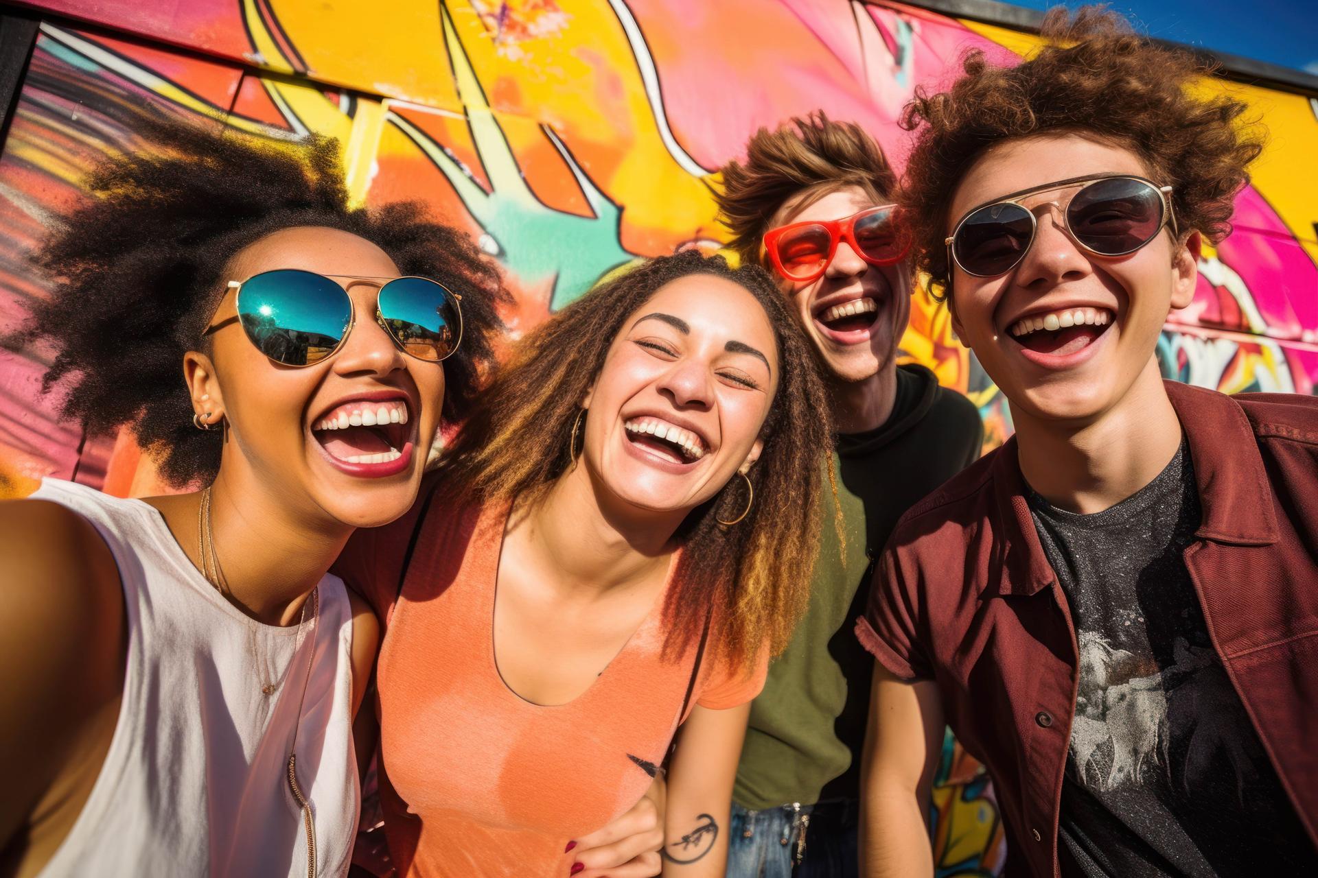 AI generated group of friends laughing and smiling in front of graffiti wall
