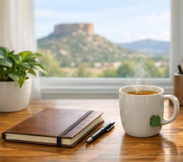 A calm, organized workspace with a wooden desk, notebook, mug, plant, and sunlight, evoking focus and routine in a Colorado setting without people 