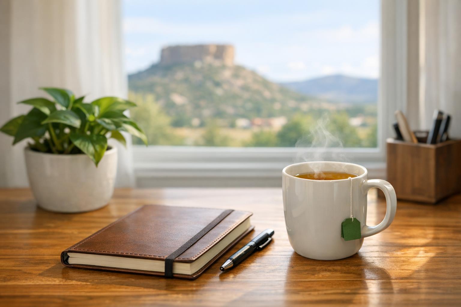 A calm, organized workspace with a wooden desk, notebook, mug, plant, and sunlight, evoking focus and routine in a Colorado setting without people