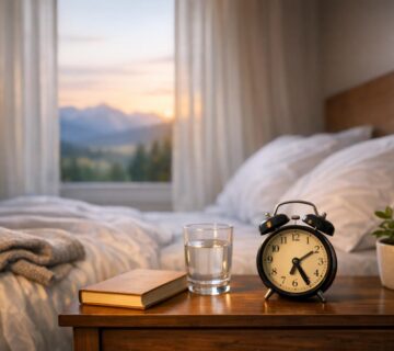 A sunlit Colorado bedroom in early morning, featuring a tidy bed, nightstand, and natural light, evoking calmness and healthy sleep habits without people visible 