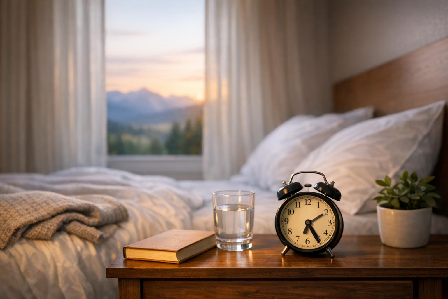 A sunlit Colorado bedroom in early morning, featuring a tidy bed, nightstand, and natural light, evoking calmness and healthy sleep habits without people visible