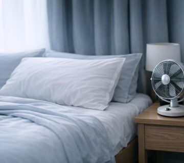 A photo of a serene, cool toned bedroom with a made bed, light bedding, and a fan on a nightstand, illustrating a comfortable summer sleep environment 