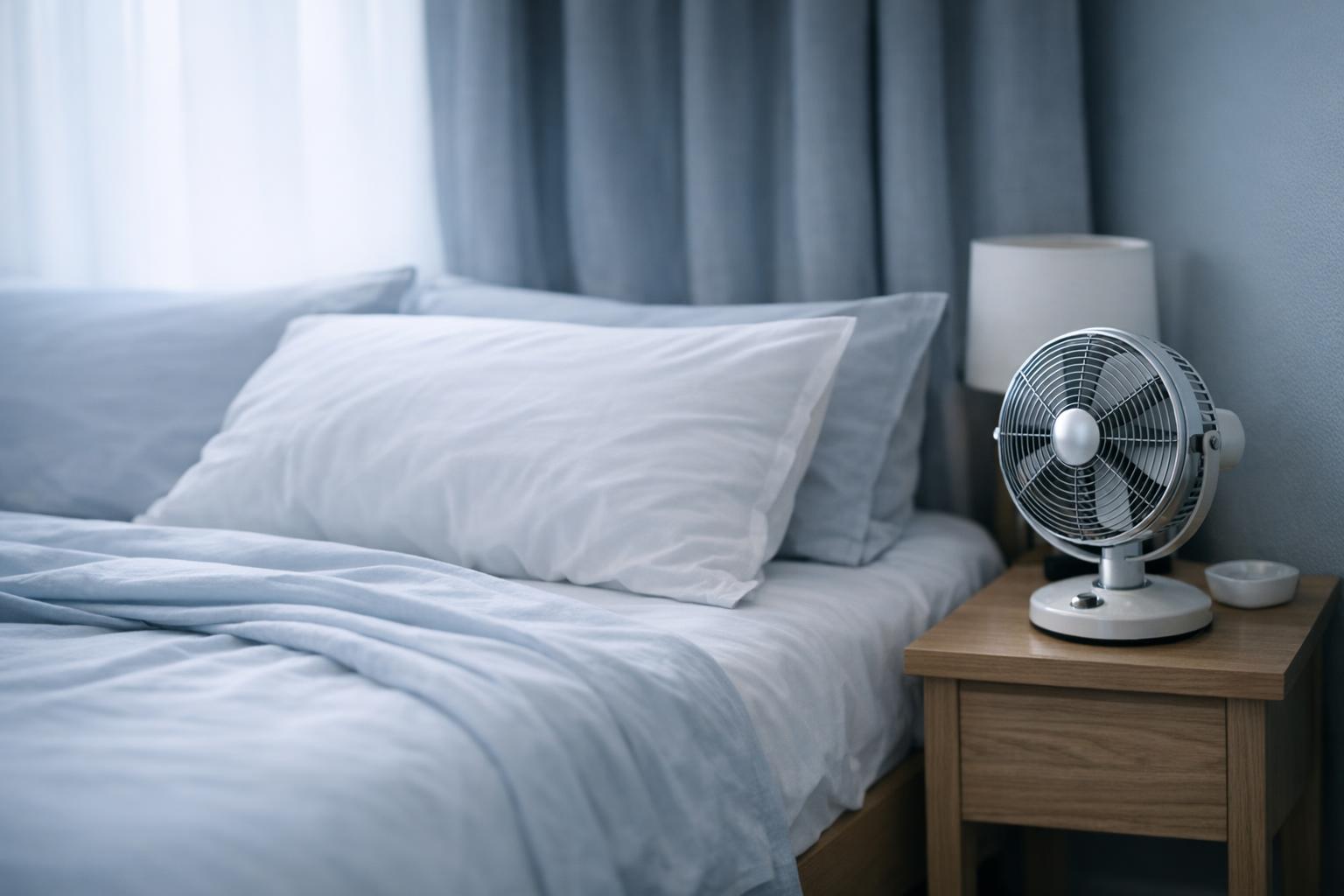A photo of a serene, cool toned bedroom with a made bed, light bedding, and a fan on a nightstand, illustrating a comfortable summer sleep environment